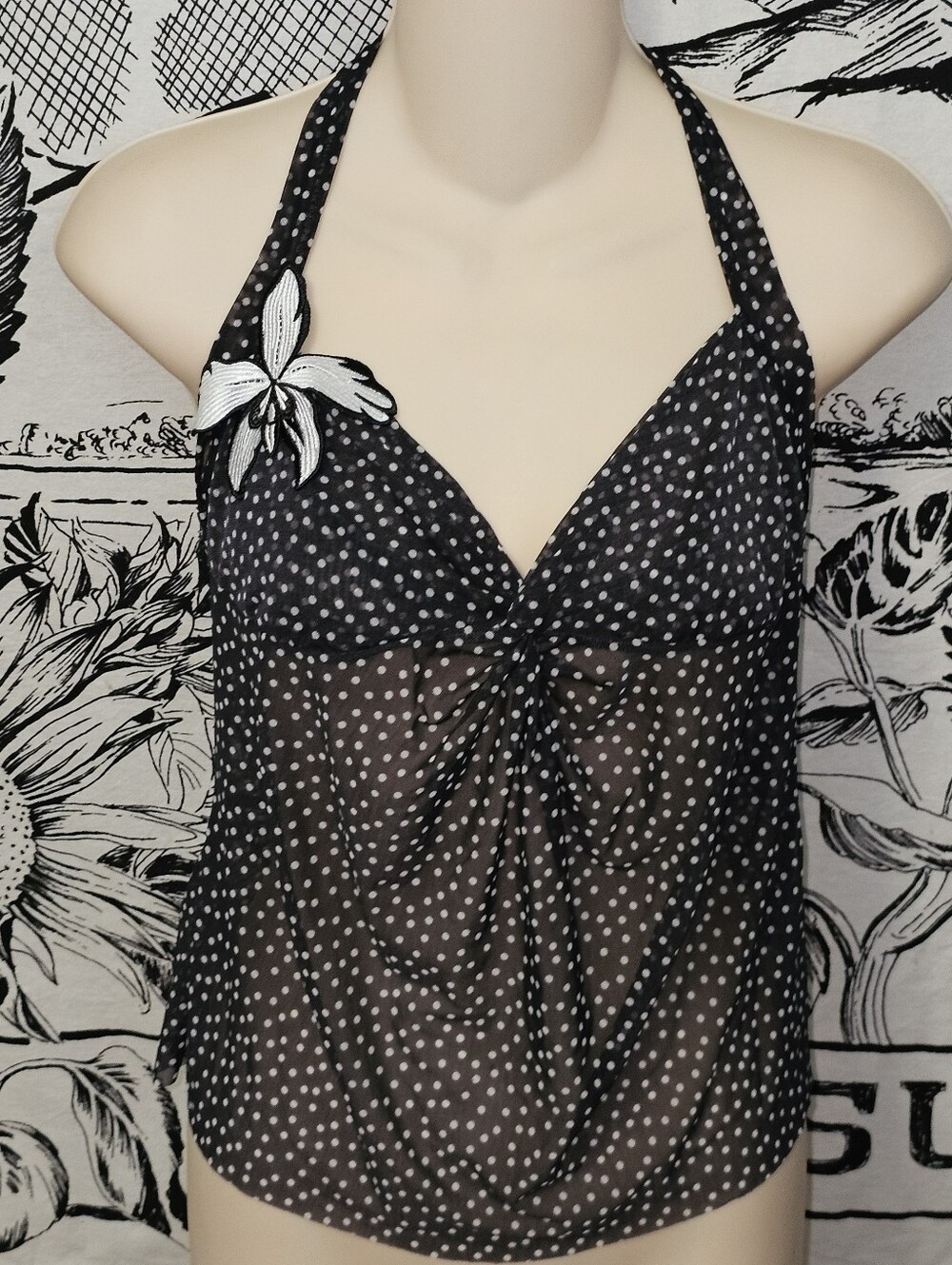 Victoria's Secret Black and White Polka Dot Mesh Knotted Halter Tank Chemise